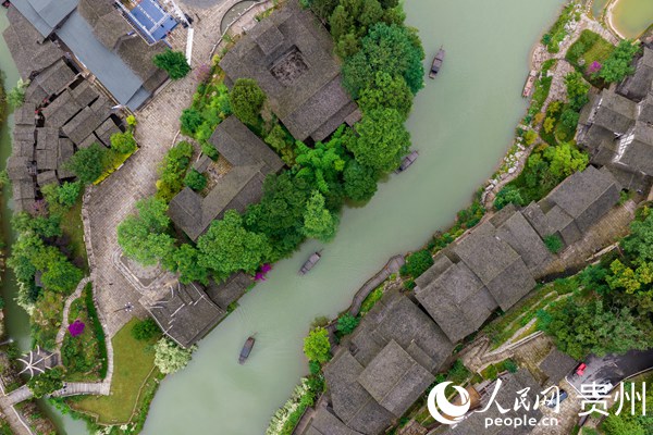 烏江寨內，幾艘搖櫓船穿行于烏江之上。人民網 涂敏攝