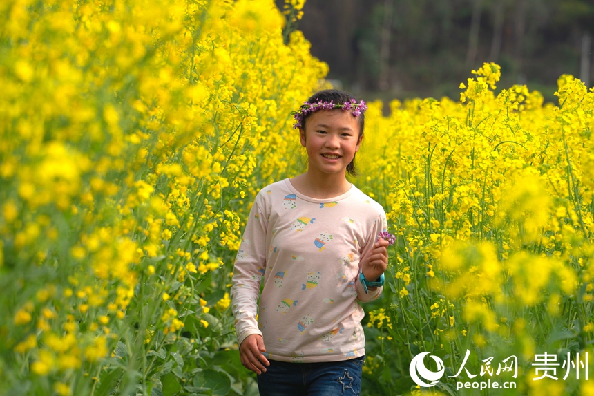 游客走在花田道里與油菜花親密接觸。人民網 陽茜攝