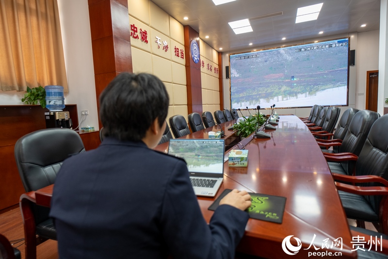 工作人員利用“兩湖一庫智慧管控平臺”遠程值班。人民網 涂敏 攝