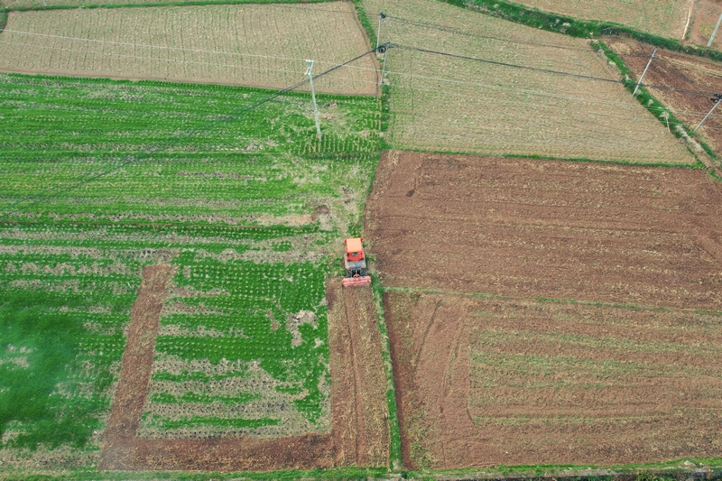 航拍農機翻地秋種忙。