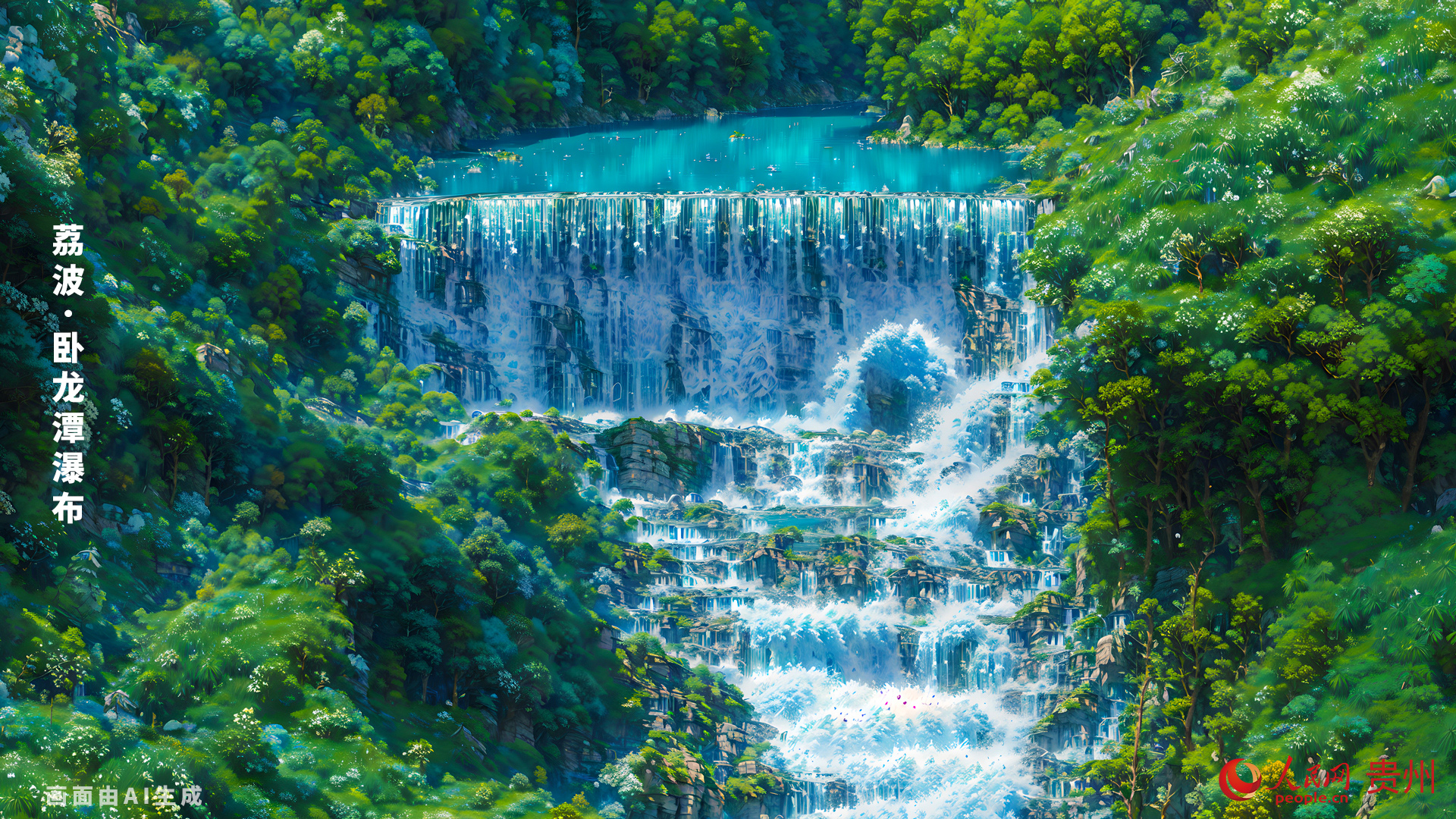 臥龍潭被山林包圍，水色碧綠得險些與四周難辨，如碧玉般綠得純粹，潭水又在完美弧度中傾盆而下，水量豐富，氣勢如虹。