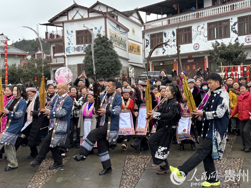 花樹旁苗族同胞吹起蘆笙。人民網記者 高華攝.jpg