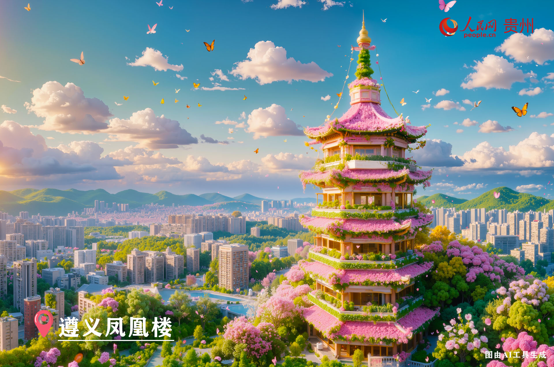 遵義鳳凰樓位于鳳凰山國家森林公園主峰之巔，是遵義的地標建筑。它重建于 2006 年，為七層六角型仿古塔樓，高 46 米。其造型獨特，登頂可將遵義城區風光盡收眼底。