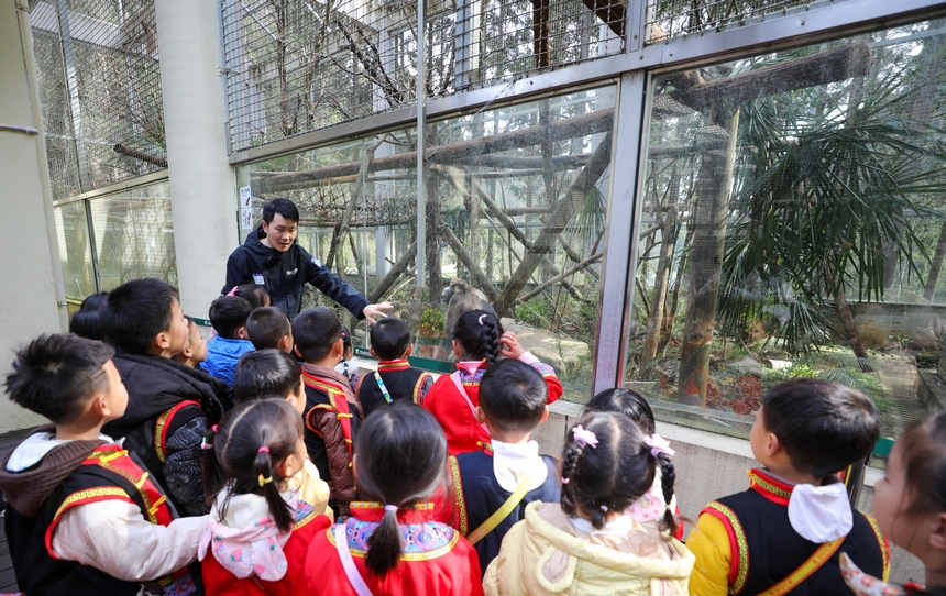 2025年3月19日，小朋友在貴州梵凈山國家級自然保護區黔金絲猴研究中心參加自然教育活動。