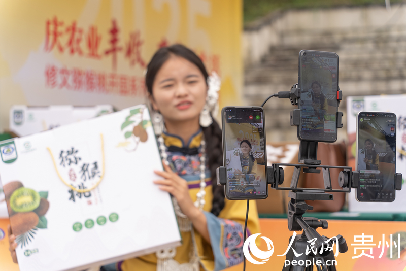 參展商在活動現場直播推薦修文獼猴桃。人民網記者 涂敏攝