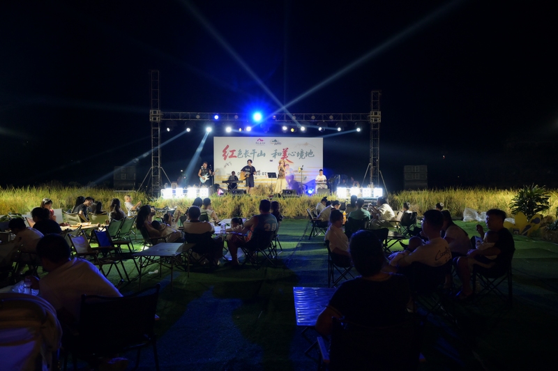 游客在稻田里聽音樂節。