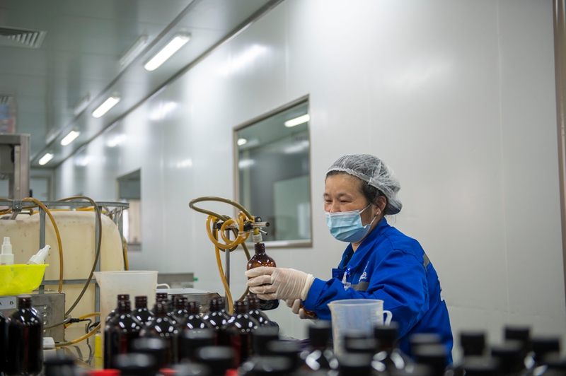 11月11日，在貴州省從江縣美娥工業園區的一家藥企，工人在生產車間趕制訂單。